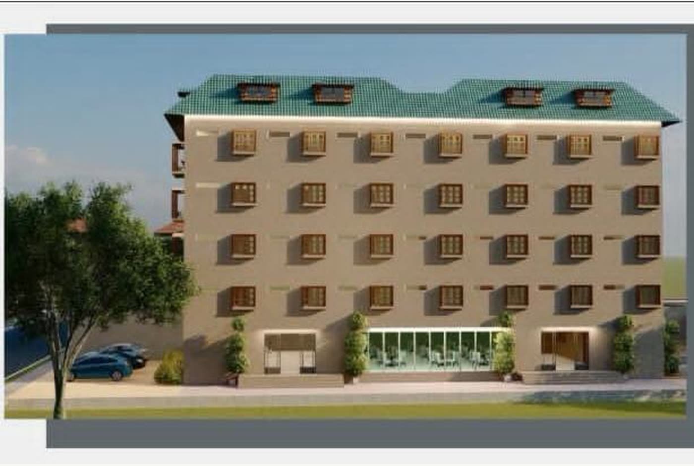 Design render of the guest house elevation, with a pitched roof and repeating window bays