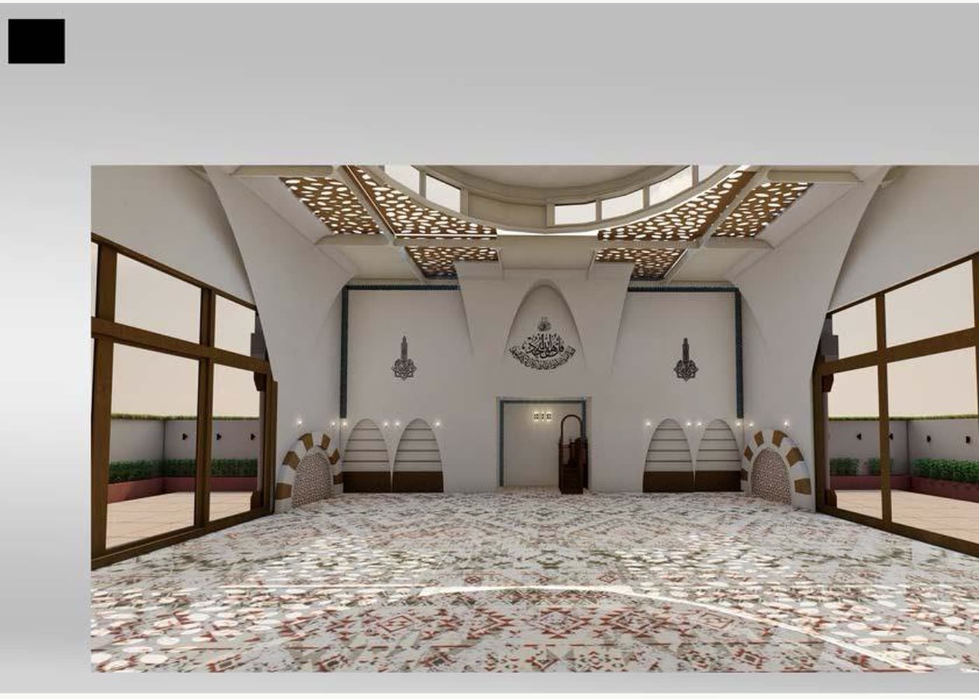 Design render of the prayer hall interior, with an arched arcade and patterned floor