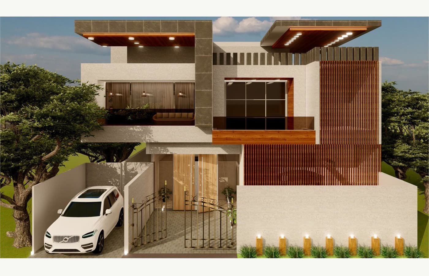 Design render of the studio house elevation, with stone, timber screening and covered parking